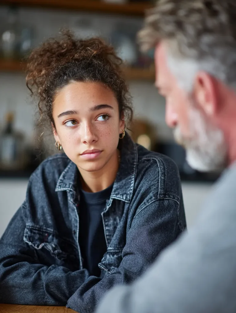 a teen girl at home having a serious discussion with her dad