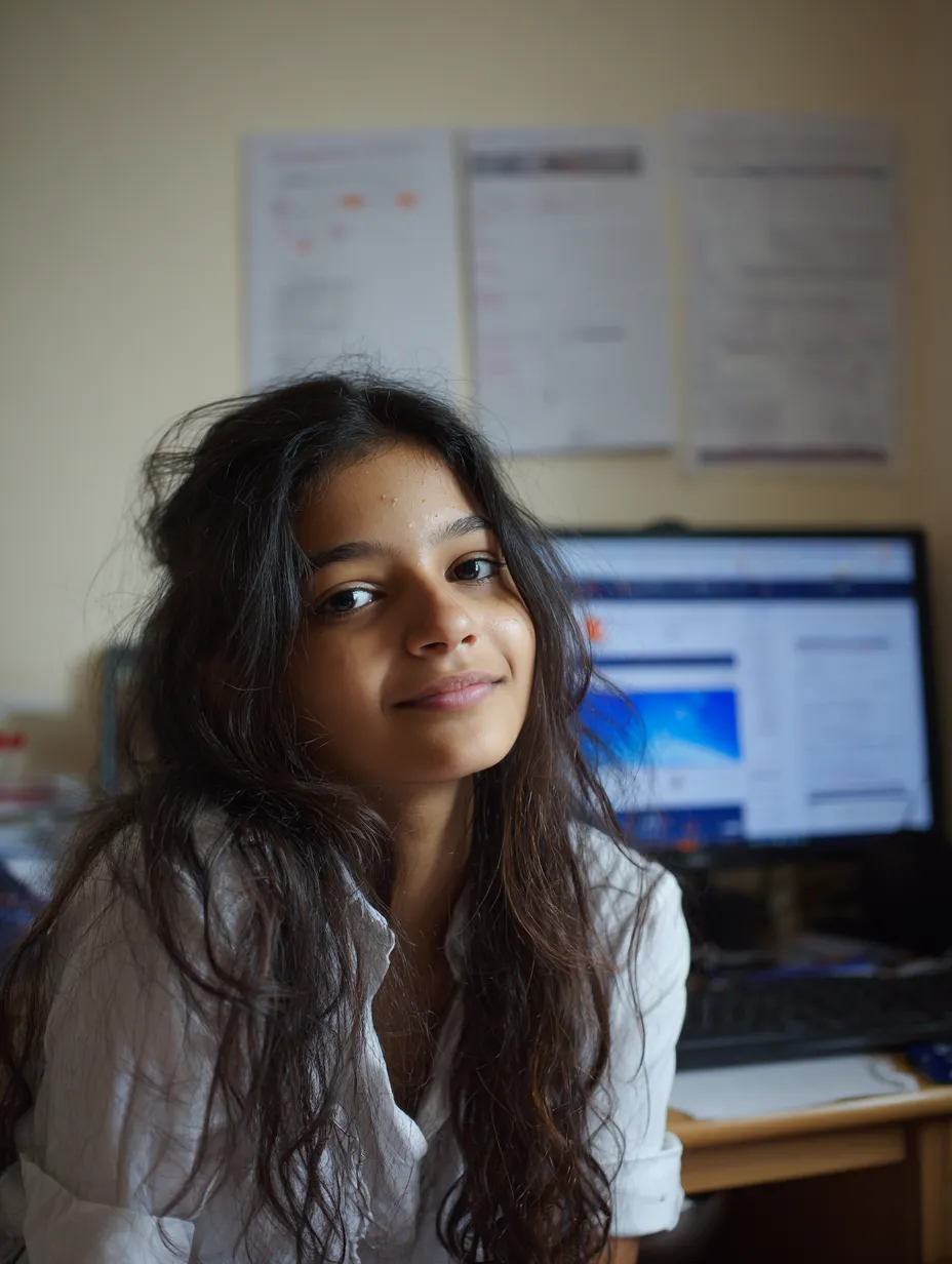 a teenage girl in her study space smiling with her desk behind her