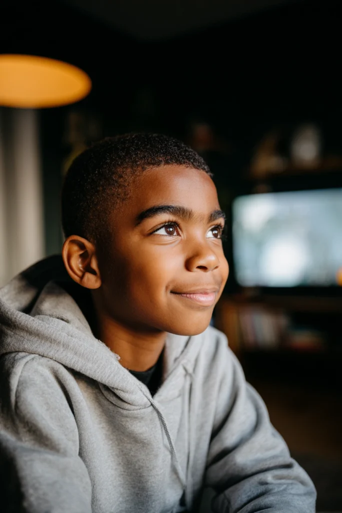 A happy tween boy wearing a hoodie and watching TV.