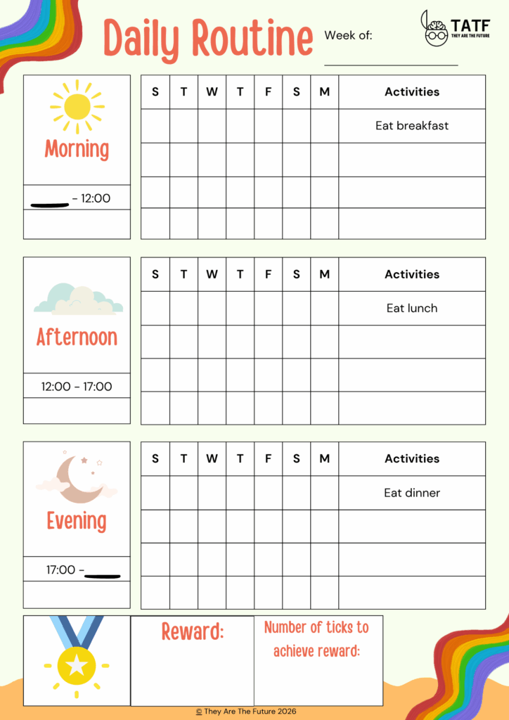 Sheets from Dr. Lucy Russell's ADHD Kids Routine Planner showing morning, afternoon, and evening routines.