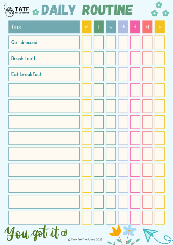 Daily Planner Worksheet from Dr. Lucy Russell's ADHD routine for kids worksheets pack 