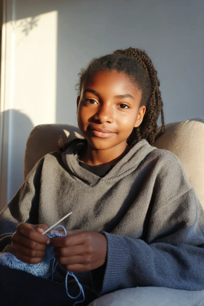 A content-looking teenage girl in her living room, sitting in an armchair and knitting.