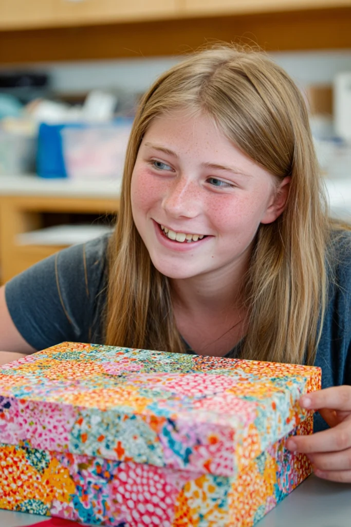 A teenage girl opening a brightly decorated shoe box.
