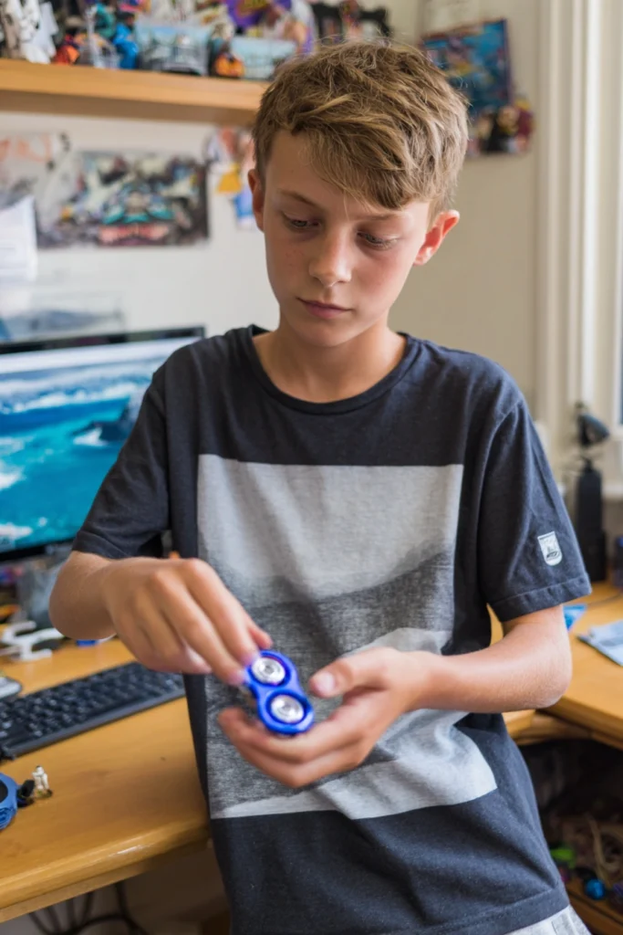 A 13-year-old boy playing with a fidget spinner in his room.