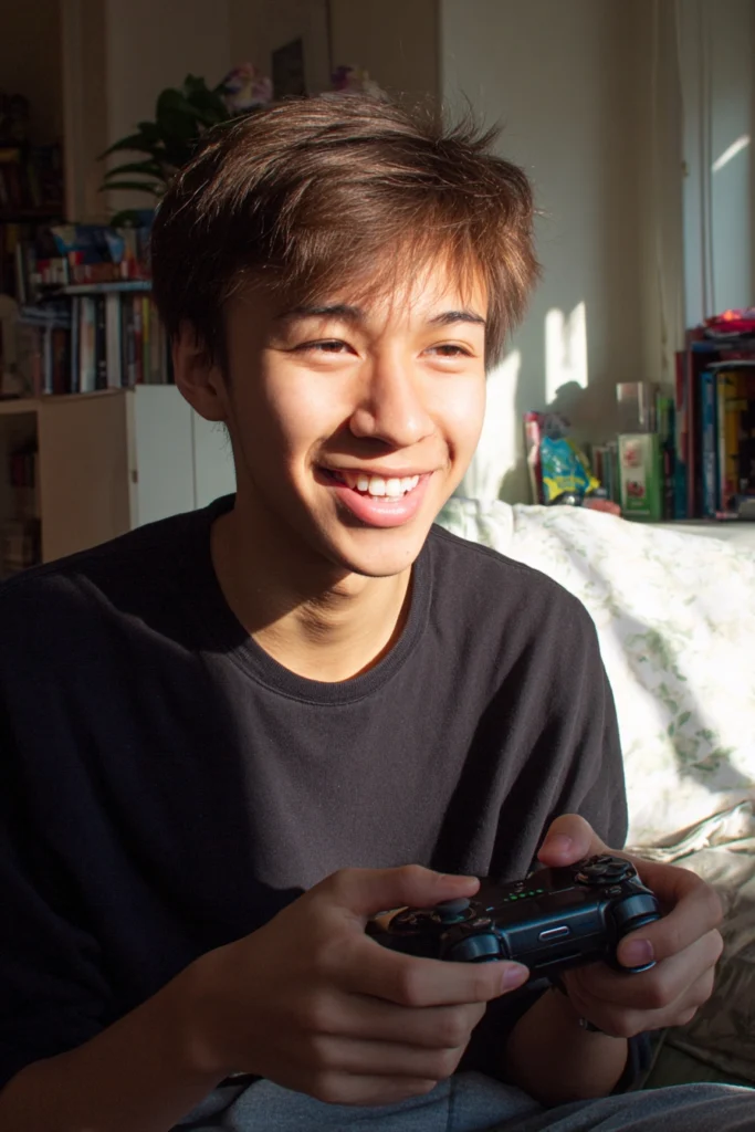 A happy teenage boy gaming