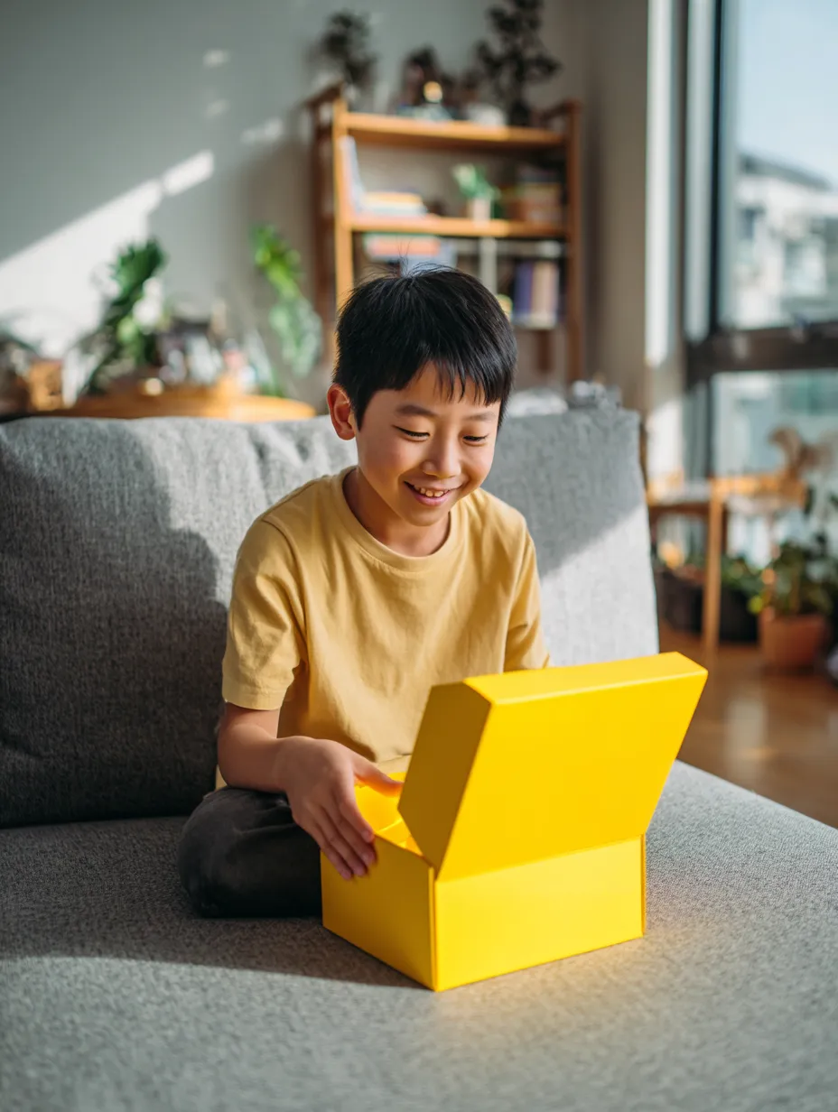 a little boy opening a sensory calm box at home