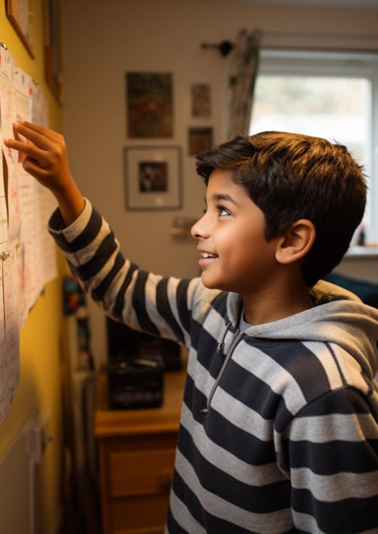 little boy pointing to a wall planner