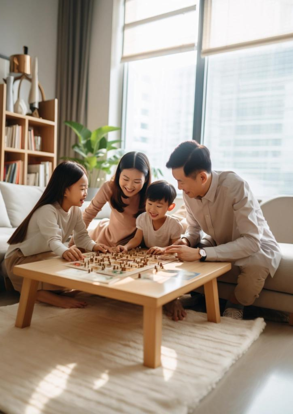 family of four playing a board game