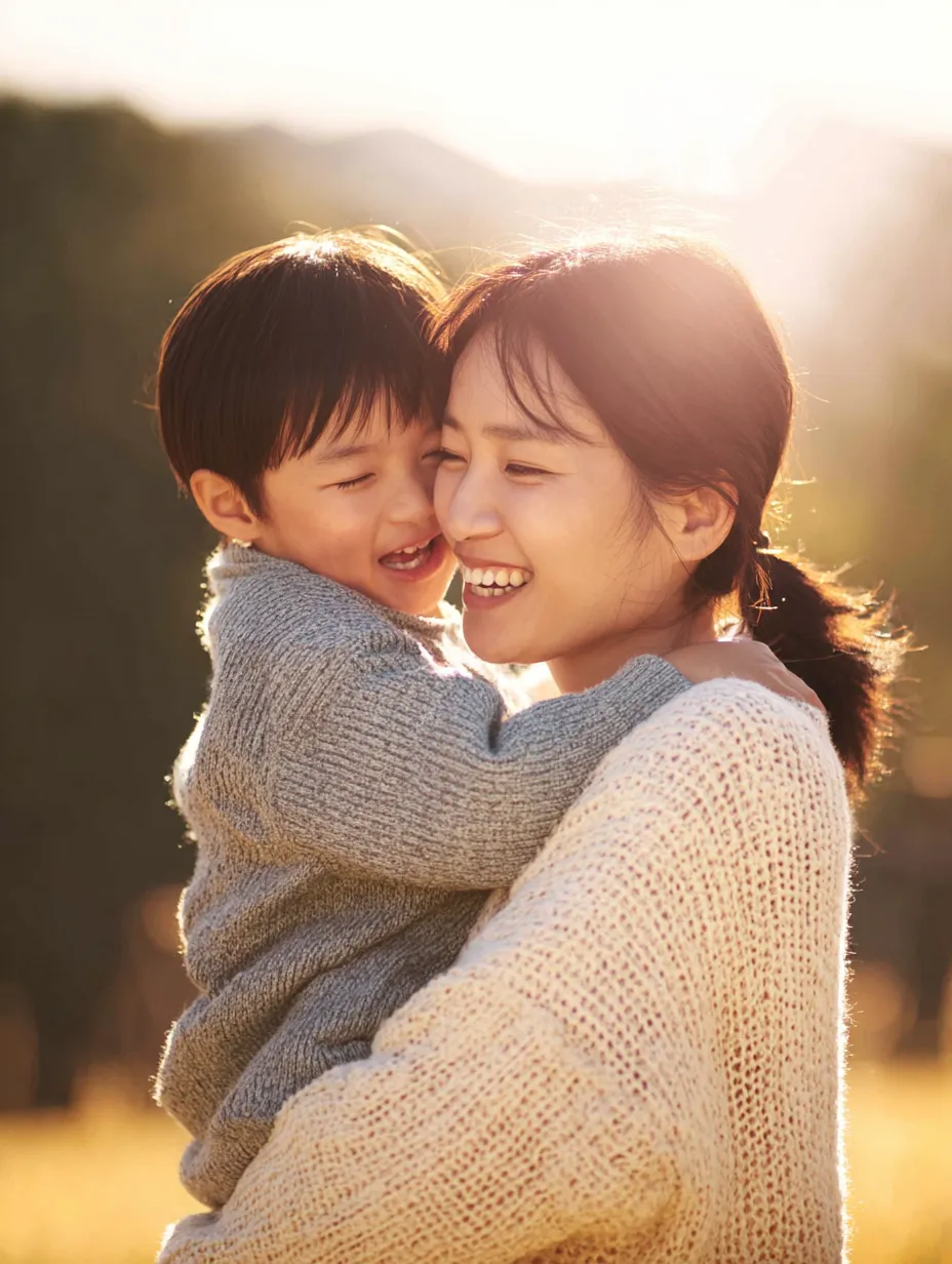a happy mother and toddler hugging outdoors on a beautiful day