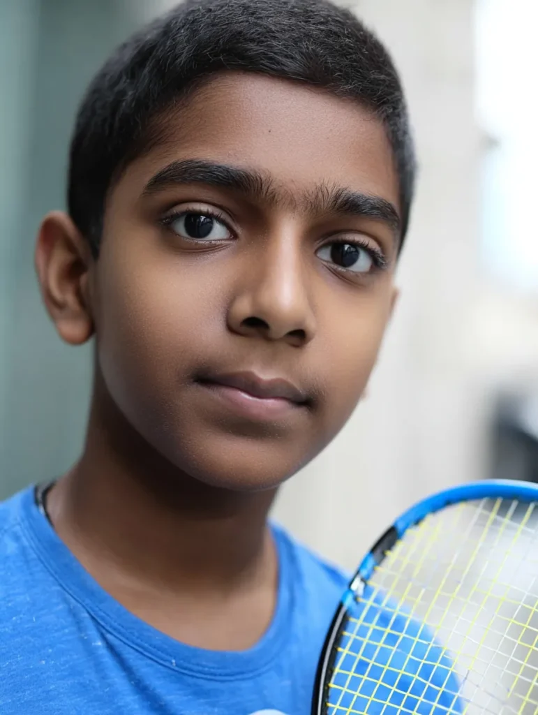 a thirteen year-old boy holding a badminton racket