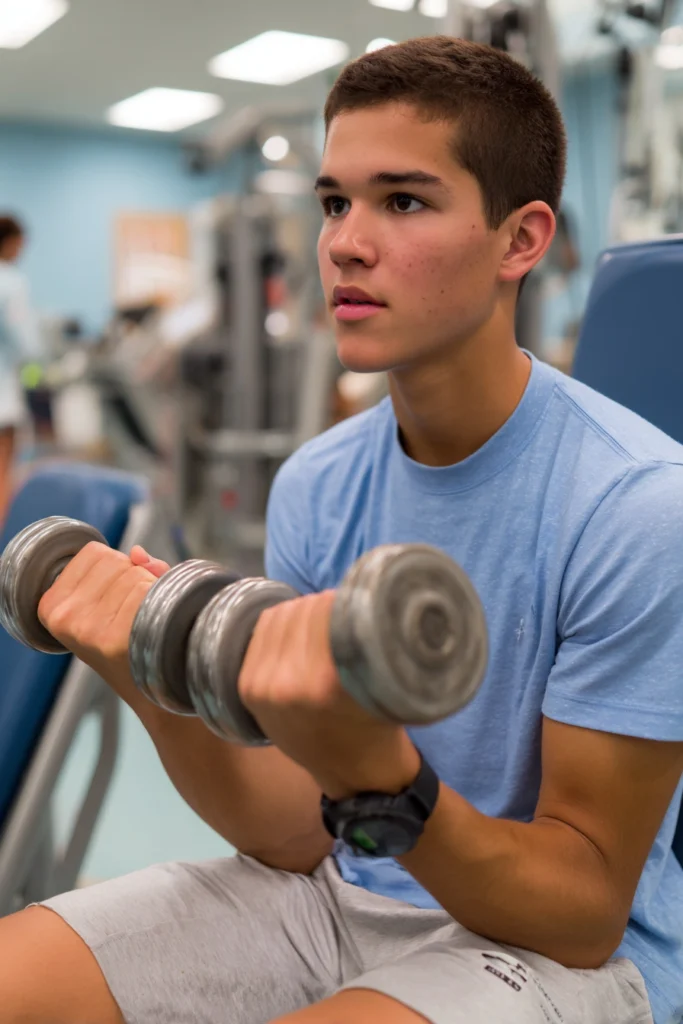 A sixteen-year-old boy lifting weights at a gym.
