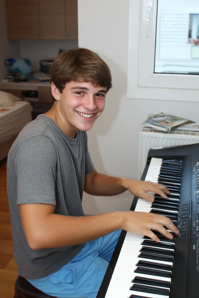 A happy teenage boy playing a keyboard in his room.