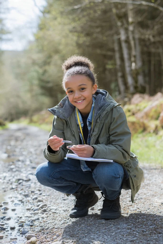 A thirteen-year-old girl crouching down on a forest path, holding some stones and a notebook