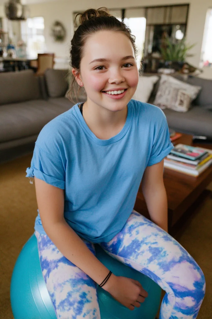 A happy teenage girl wearing sportswear and sitting on a yoga ball in her living room