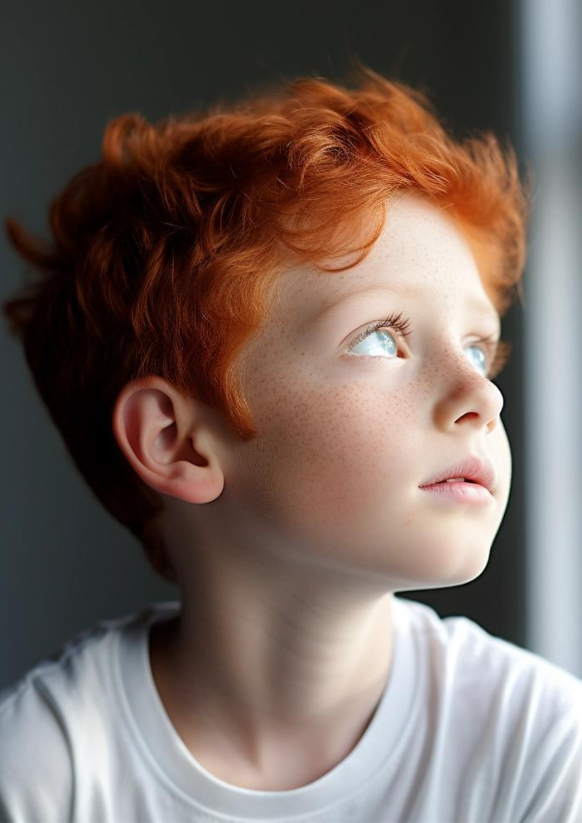 serious boy looking up