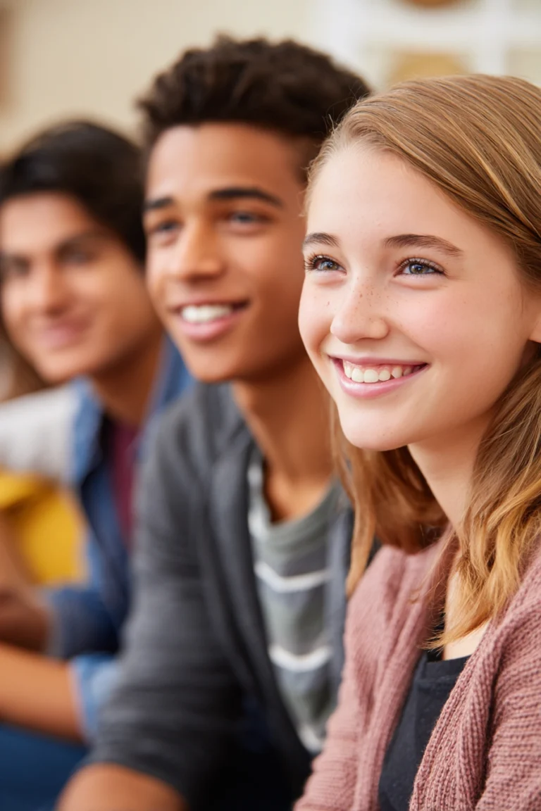Three smiling teenagers sitting on a bench.