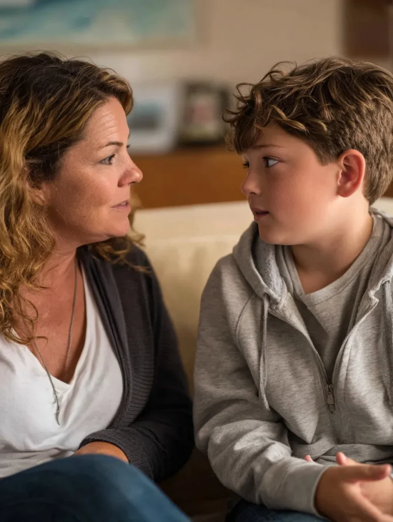 a tween boy talking seriously with his mother
