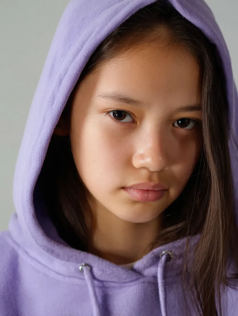 a serious tween girl wearing a lilac hoodie