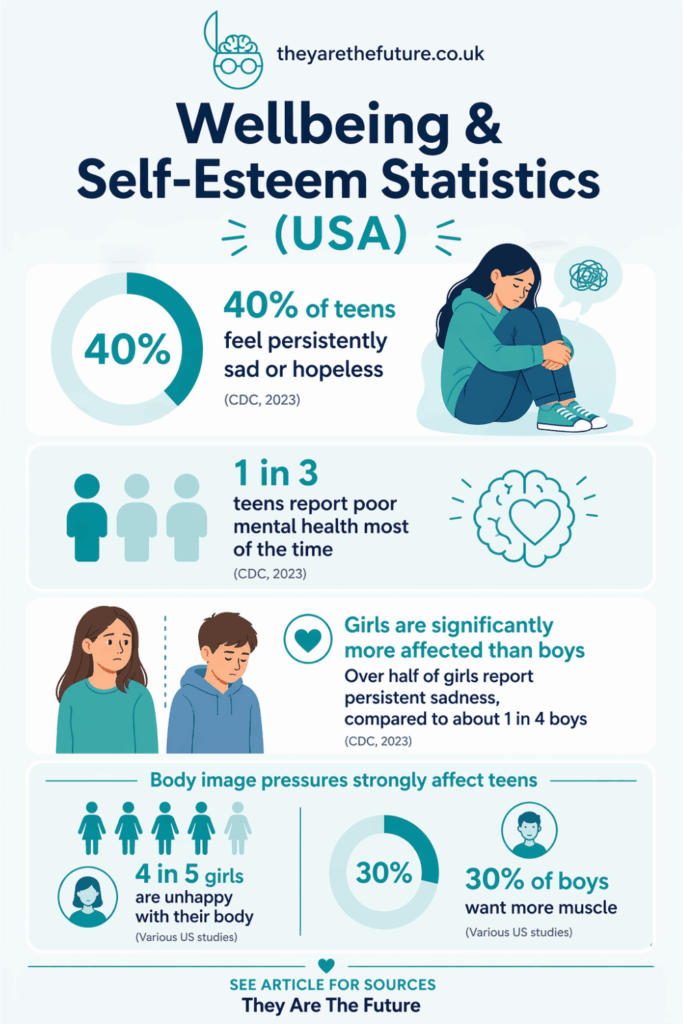 An infographic looking at well-being and teenage self-esteem statistics from the USA 2026