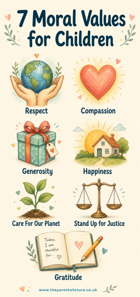 An infographic showing seven key moral values for children