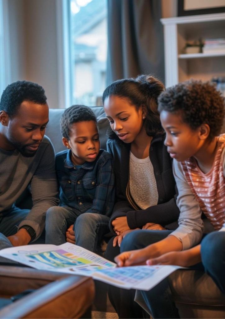 a family of four on a sofa problem-solving around a colourful chart