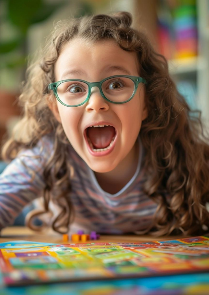8 year old girl happy and excited in front of a board game