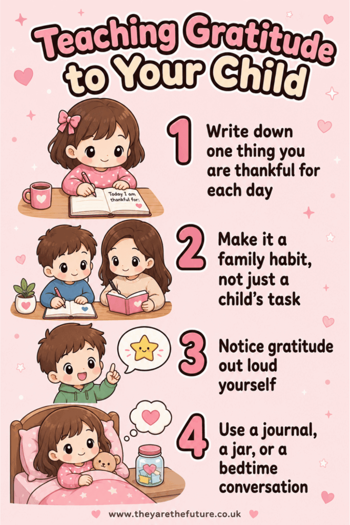 An illustrated infographic demonstrating four ways of teaching gratitude and moral values to a child