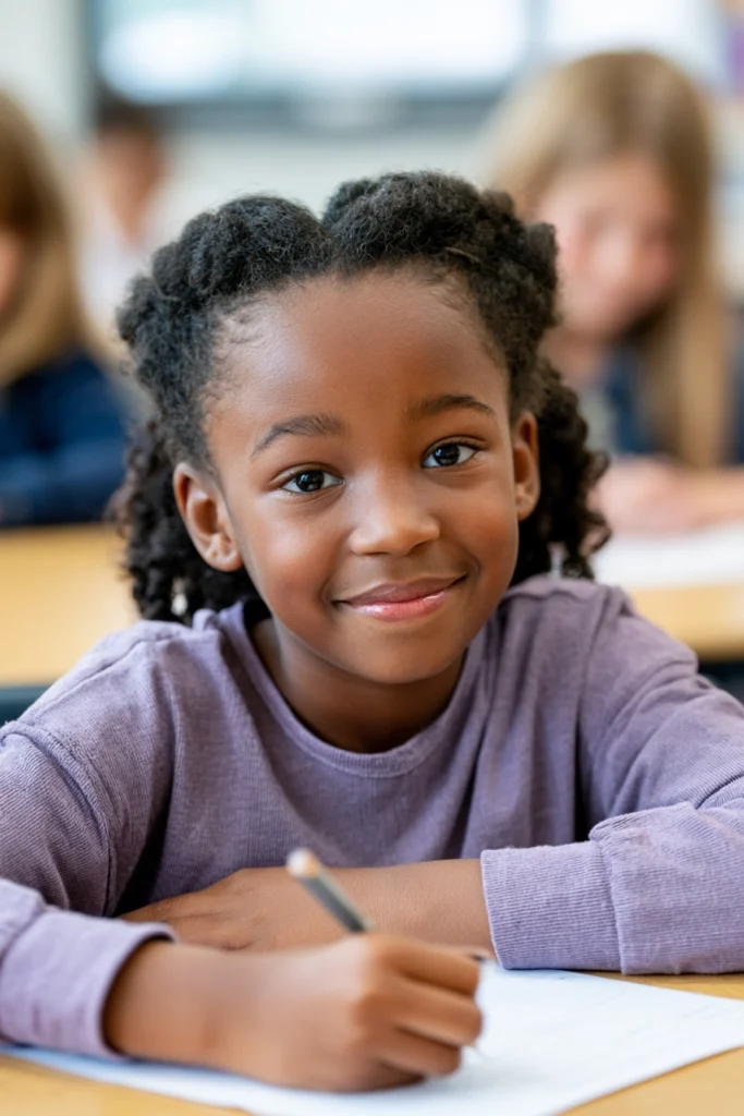 An eight-year-old elementary school girl sits contentedly writing at her desk.