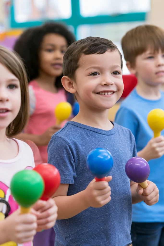 A group of seven-year-old children in an elementary school music class shaking maracas