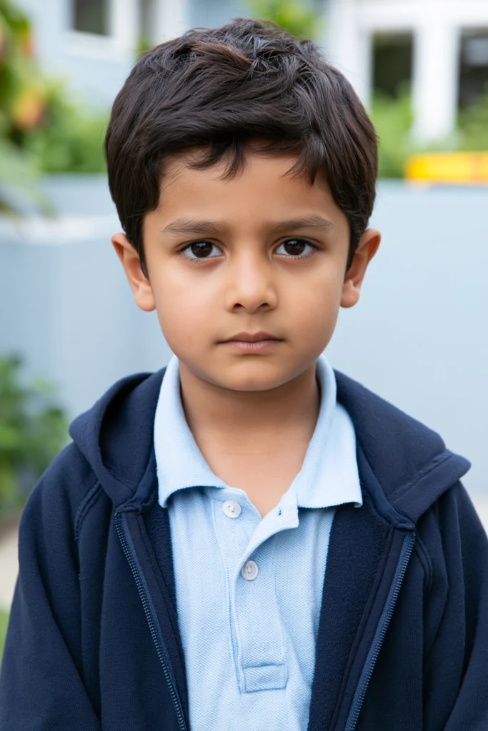 A six-year-old boy before school, looking anxious about leaving his mother at the school drop off