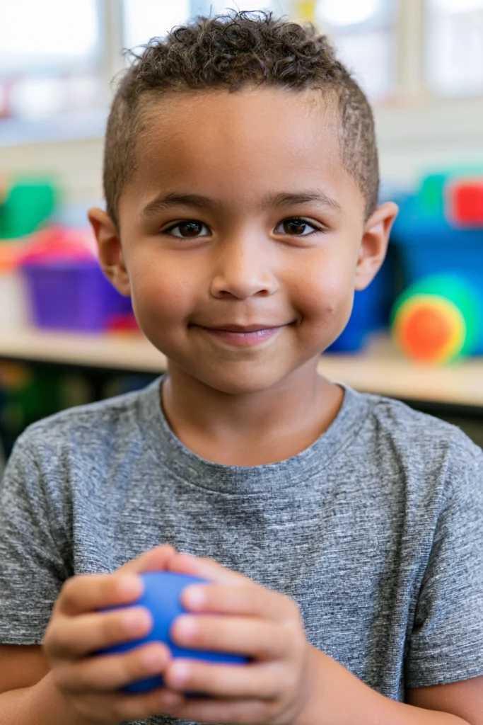 A cute six-year-old anxious little boy in his school classroom holding a ball.