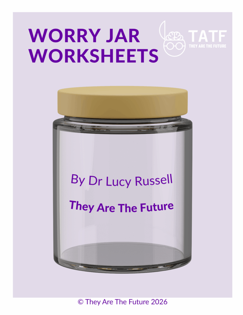The front cover of Dr. Lucy Russell's worry worksheets for kids seven-page activity book.