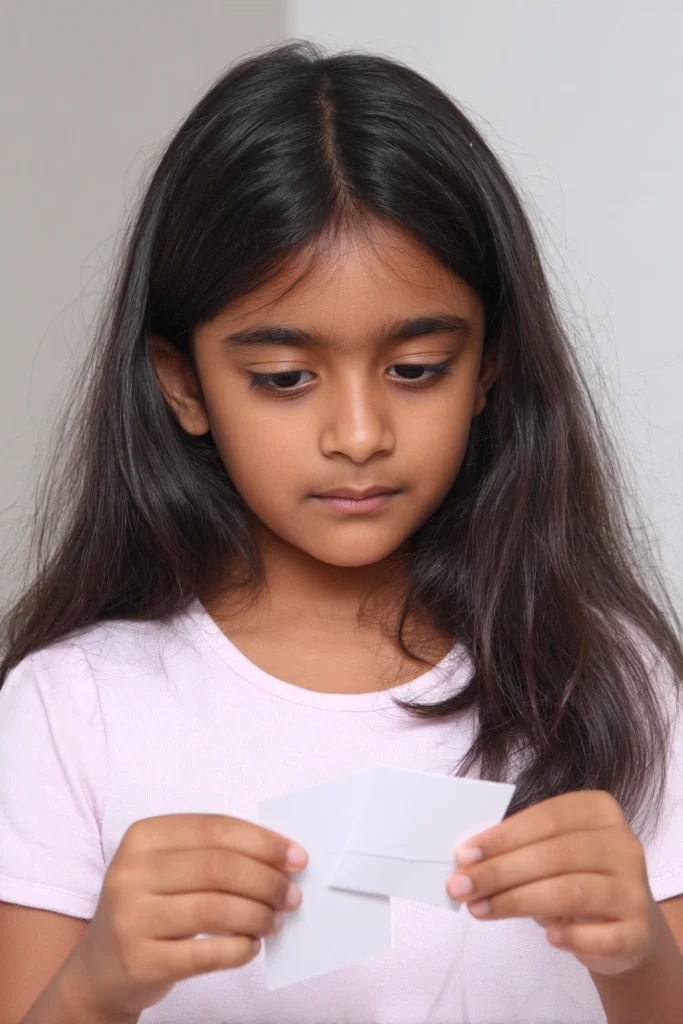 a worried and serious nine-year-old girl holding some small slips of paper. 