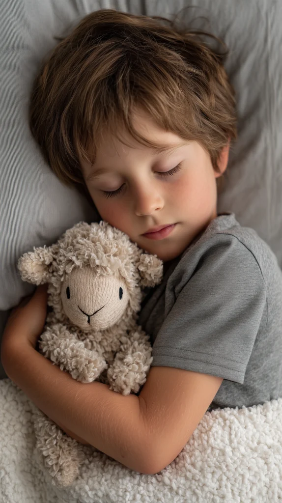 A five-year-old boy sleeping whilst holding a soft toy lamb.
