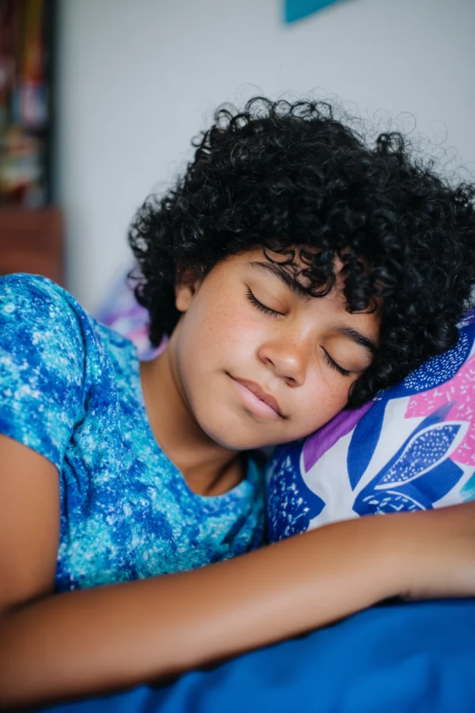 A tween child wearing a blue t-shirt sleeping in their bedroom.