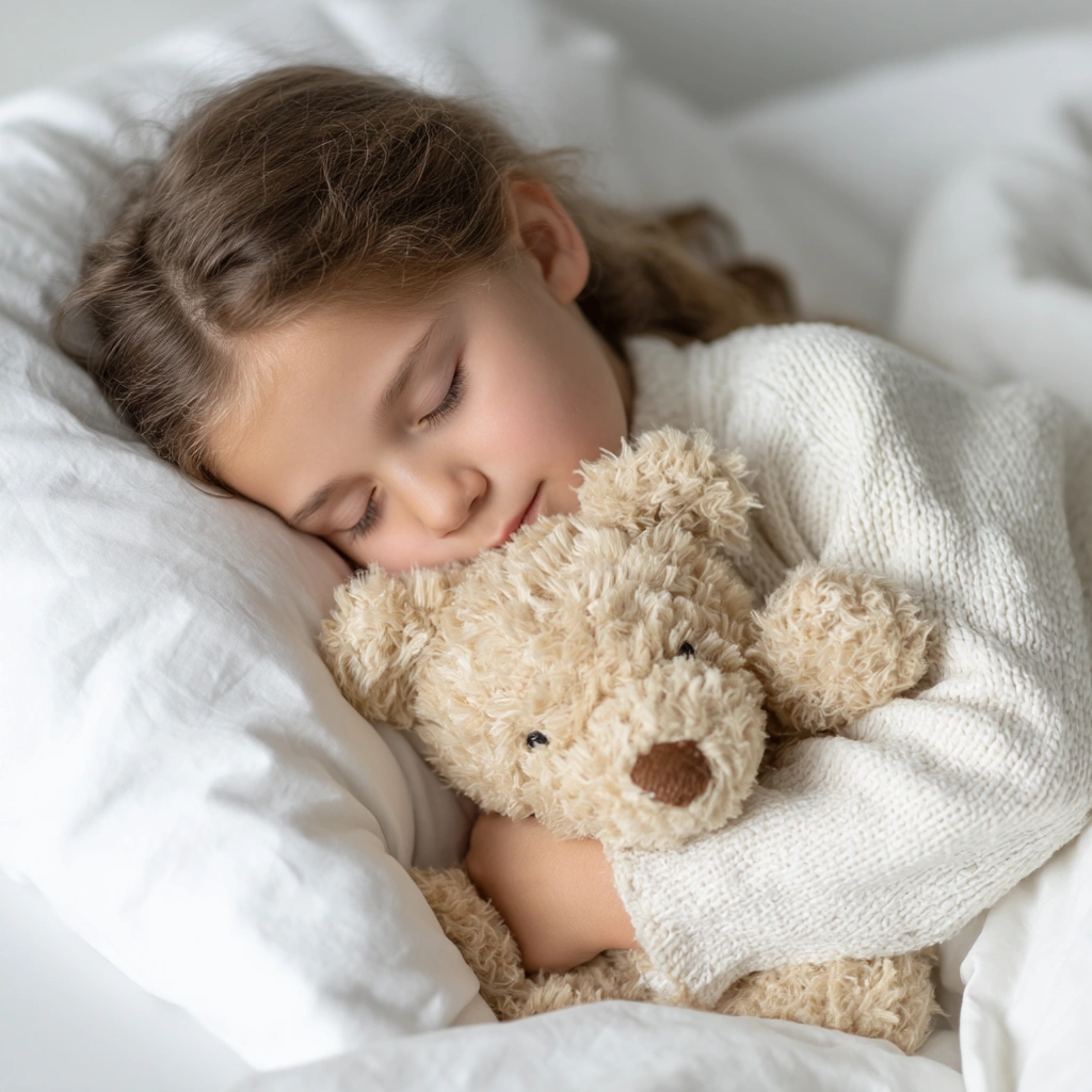 A little girl who is about six years old, fast asleep on a white pillow and hugging a teddy bear.