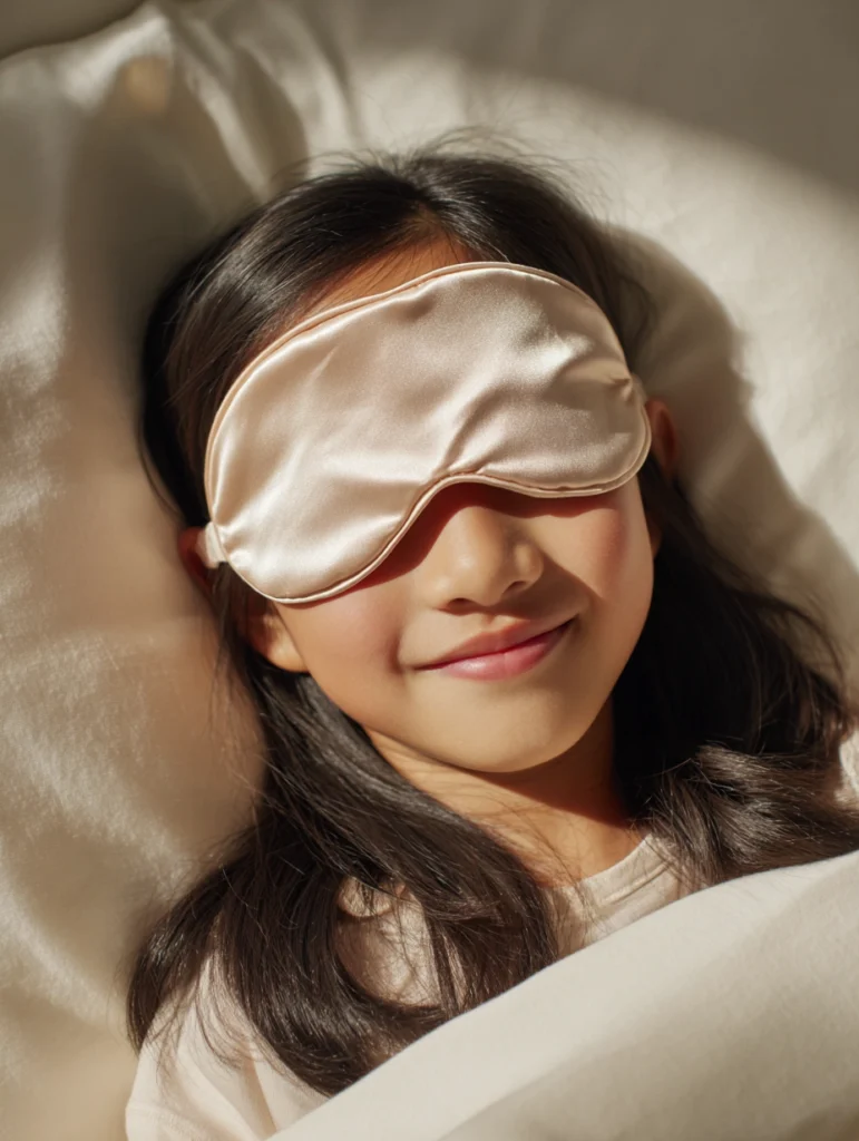 Close-up of a little girl getting ready to go to sleep with her head on the pillow and wearing an eye mask.