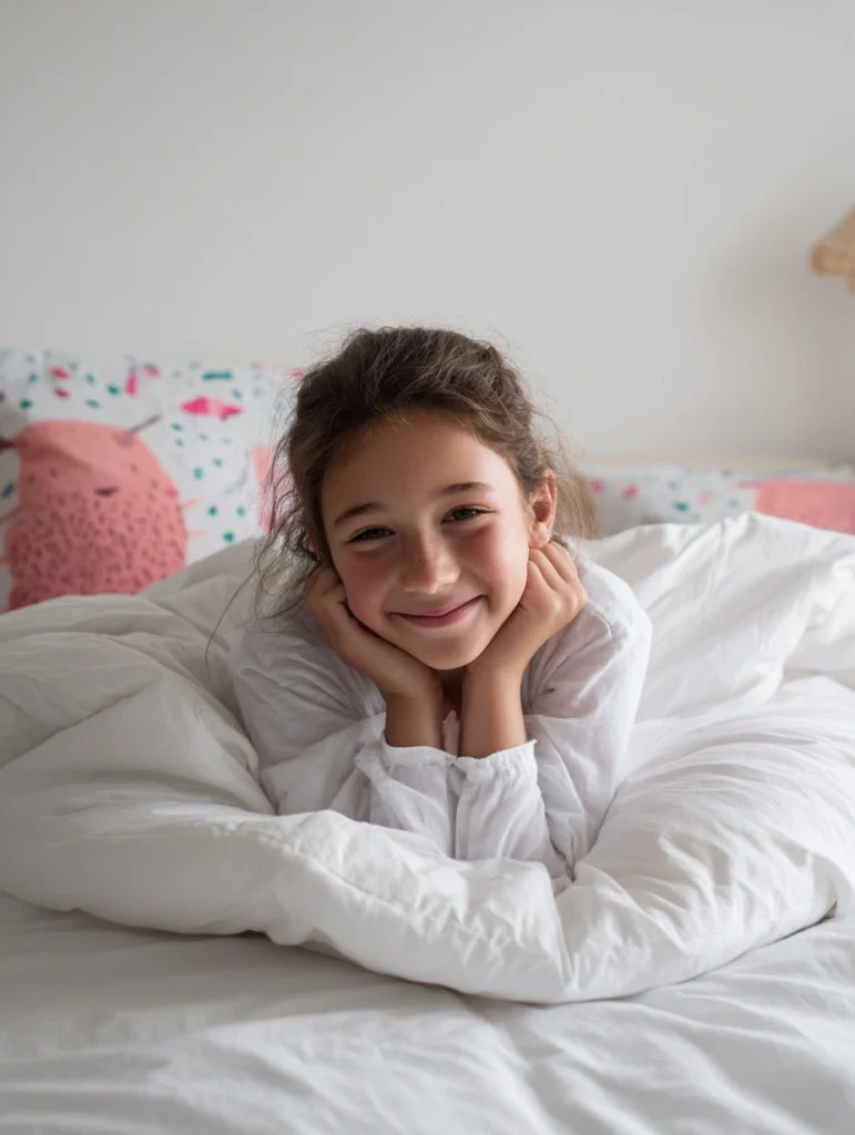 A happy nine-year-old girl at bedtime, lying on her front with her head resting in her hands.
