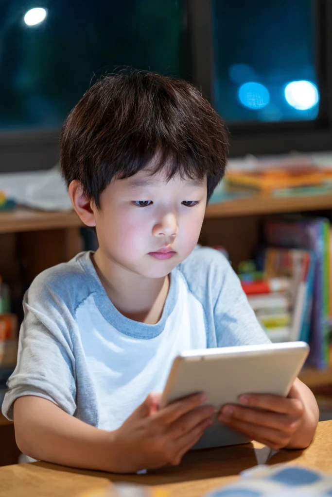 A six-year-old boy at night time looking at a tablet.