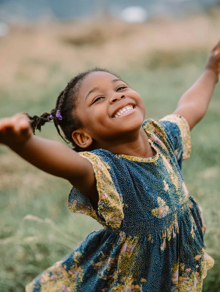 A happy five-year-old girl dancing and spinning outdoors.