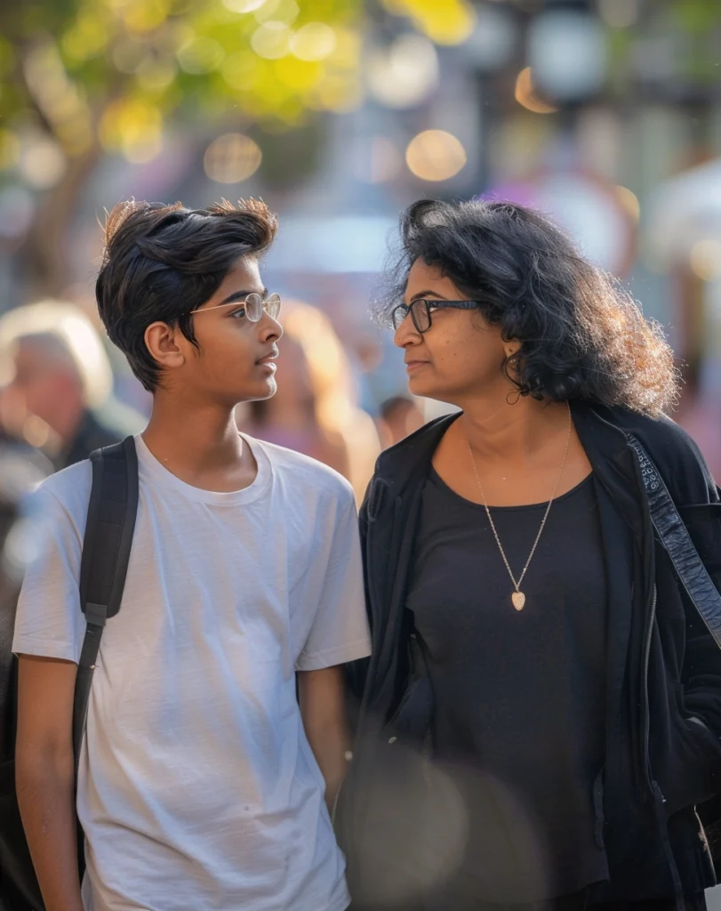 a teenage boy and his mother chatting whilst walking