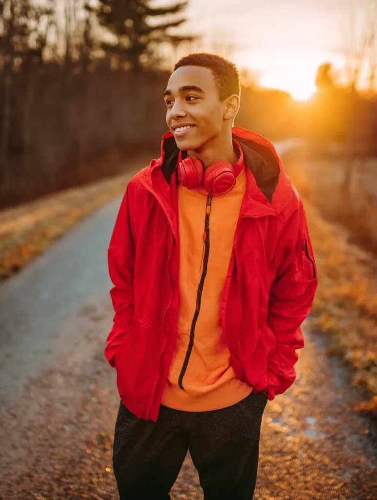 a happy teen boy walking on a country path early in the morning
