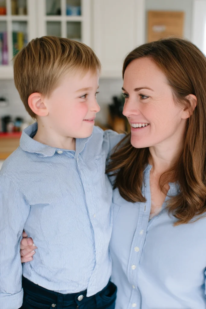 A mother and an 8-year-old boy happily having a hug together