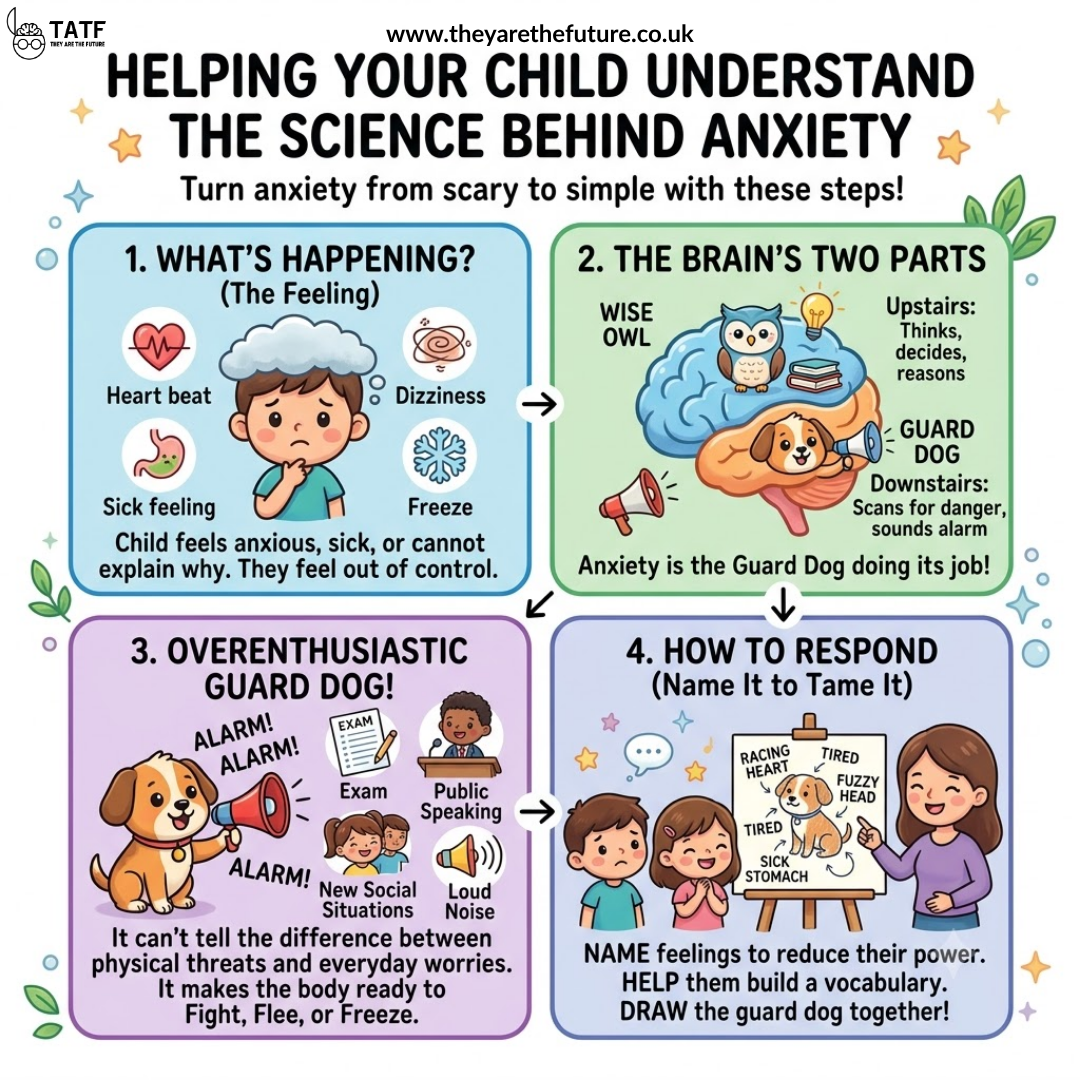 An infographic on helping your child understand the science of anxiety so they feel more in control, by Dr Lucy Russell, child clinical psychologist of They Are The Future
