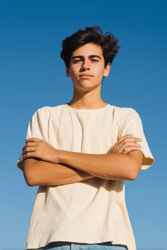 A teenage boy with his arms folded, standing confidently in front of a bright blue sky.
