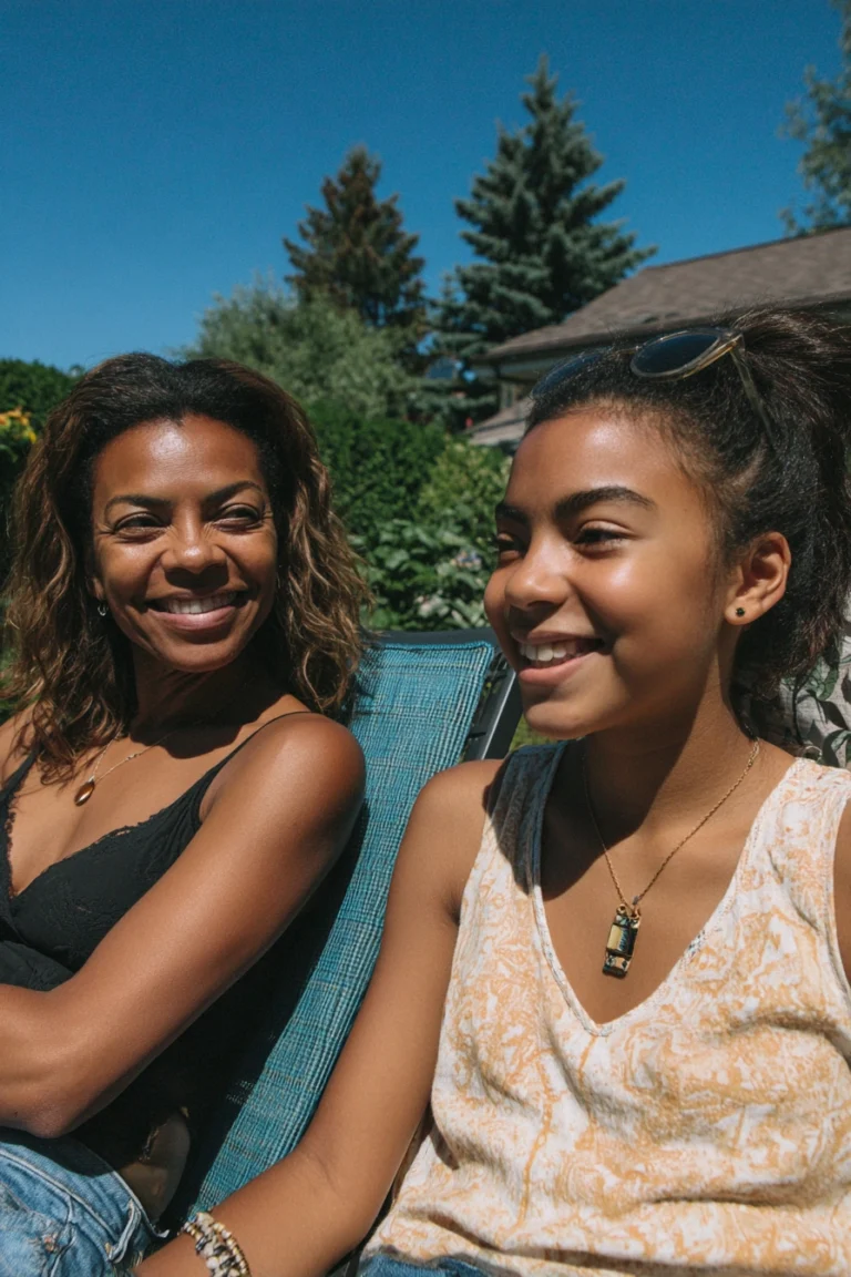 A happy teenage girl and her mother sit on sun beds in a sunny garden.