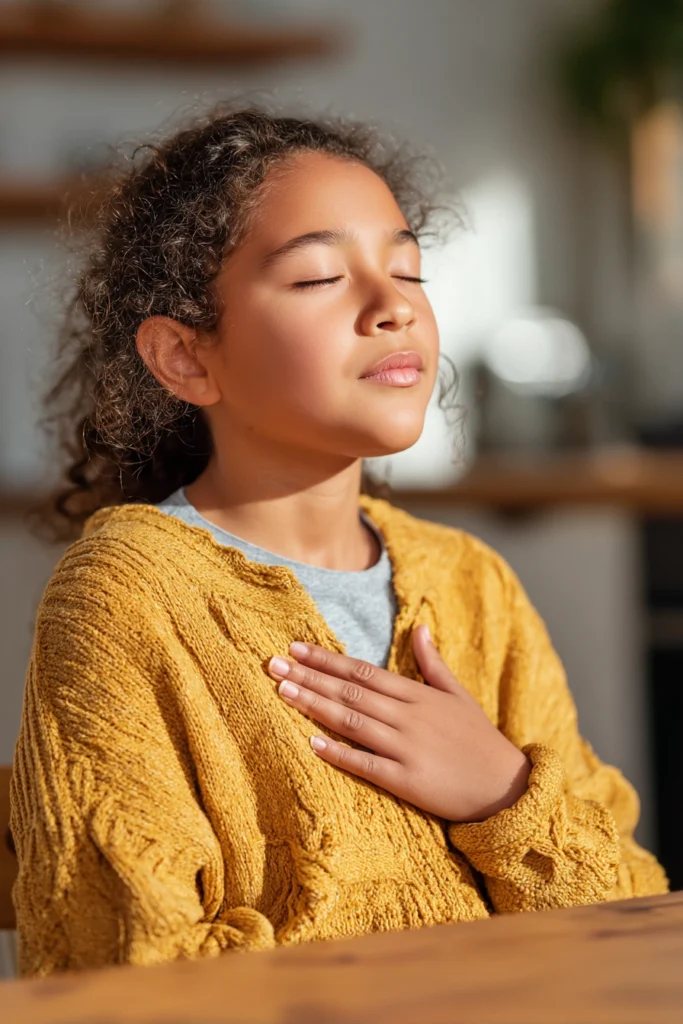 A thirteen-year-old girl meditating at her kitchen table whilst holding her hand across her chest.