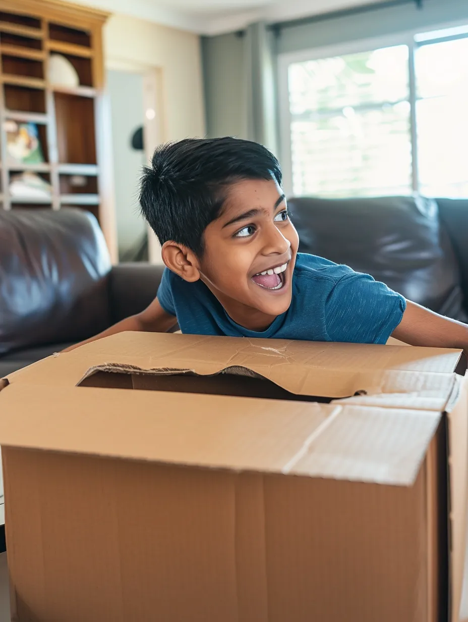 excited boy carrying a cardboard box