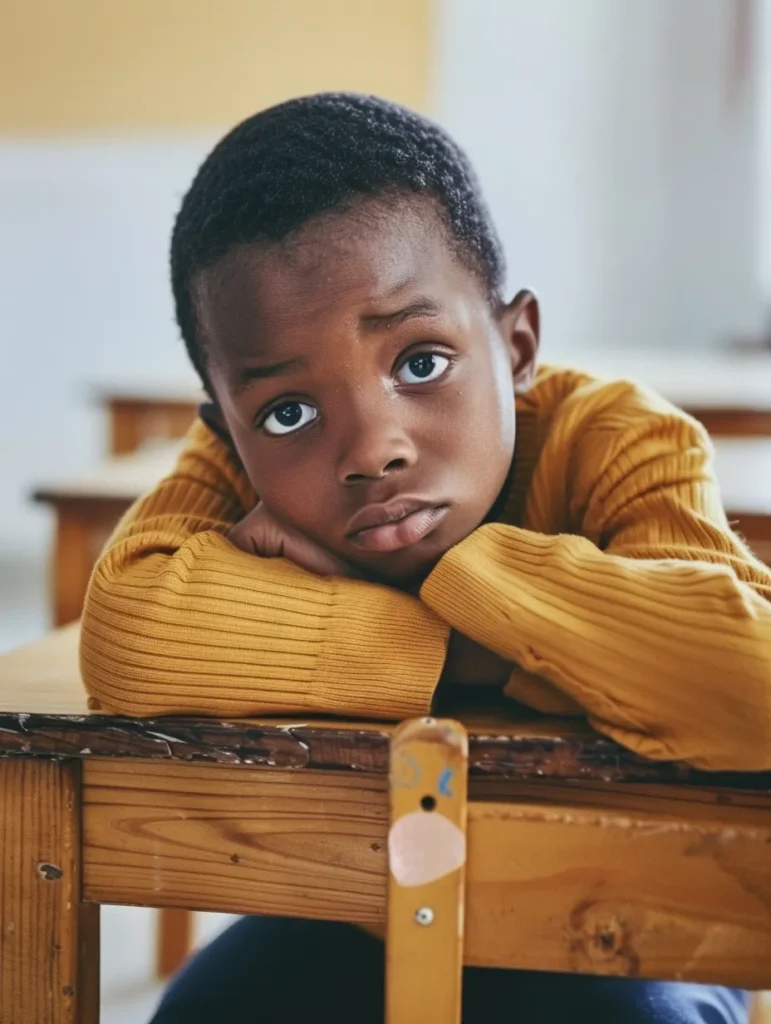 anxious little boy at a school desk