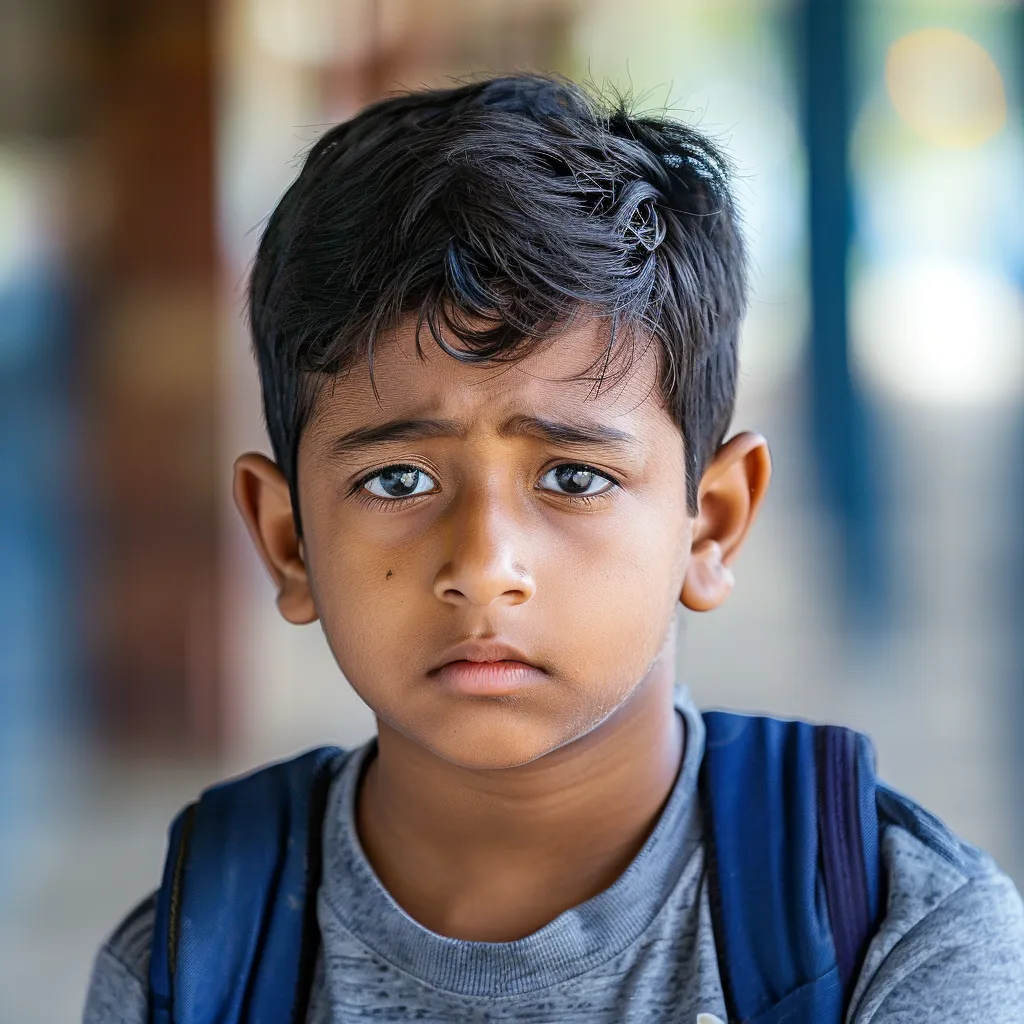 stressed eight year old boy going to school